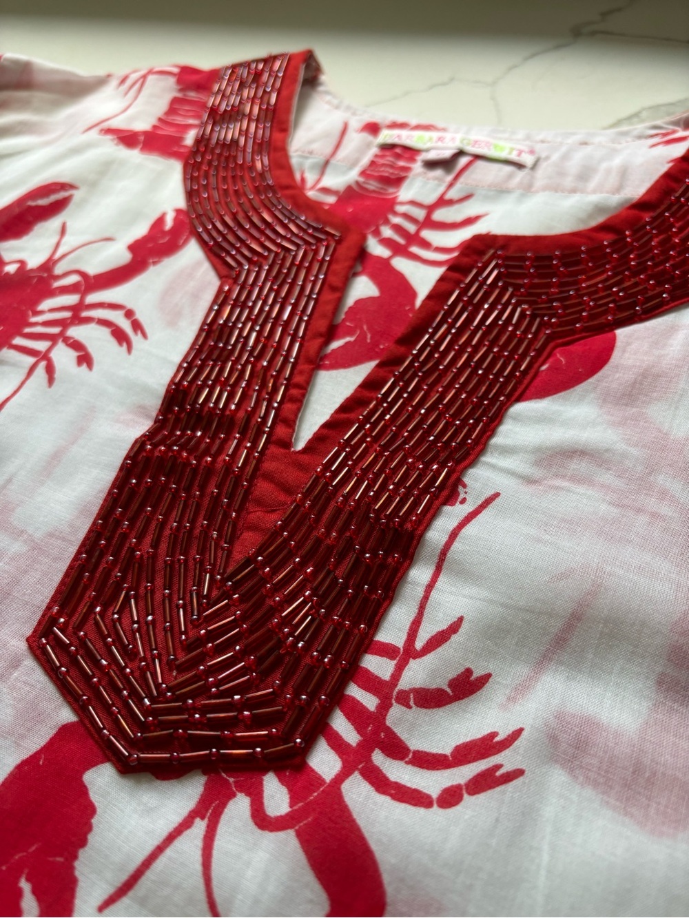 Barbara Gerwit Beaded Lobster Tunic White Red White Womens M Coastal Lobster - Picture 10 of 15